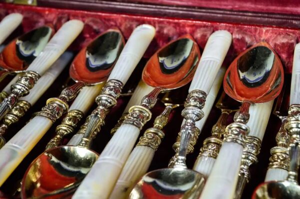 French Silver Vermeil and Mother of Pearl Dessert Service for 12