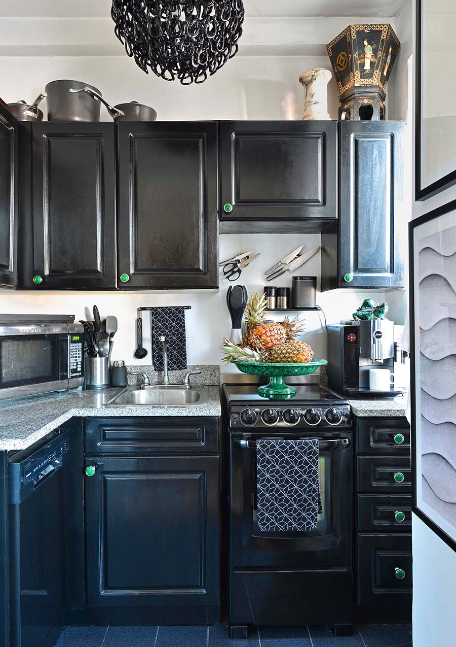 NY kitchen black cabinets small space