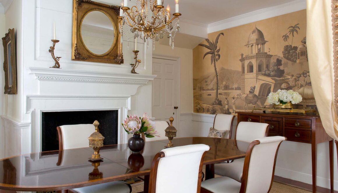 Traditional dining room with antique table and layered florals, Charleston interior design by Alexandra Howard